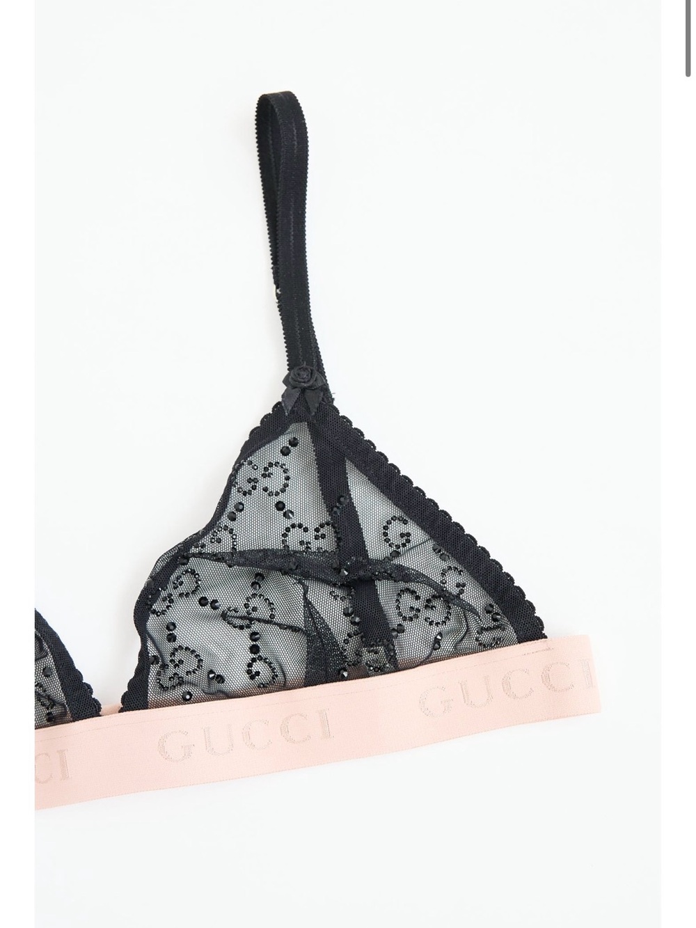 Gucci Black Sheer Lace Triangle Bralette with Pink Logo Band